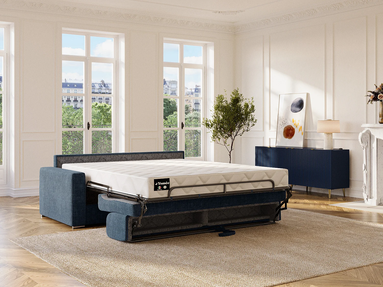 Canapé 4 places convertible express en tissu bleu - Couchage 160 cm - Matelas 22 cm avec mémoire de forme CALITO