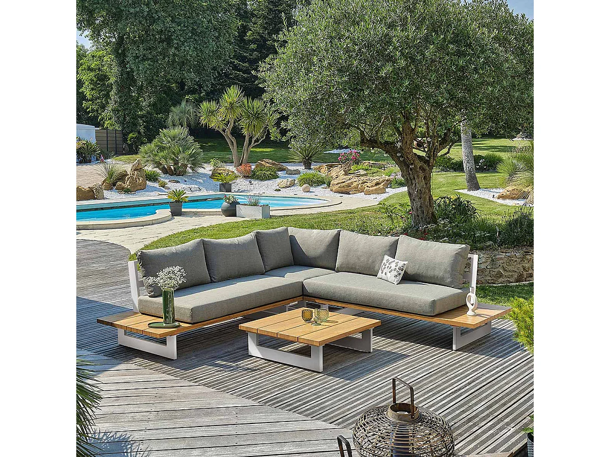 Tuinsalon 5 personen in aluminium met blad in houtimitatie - LAVEZZI