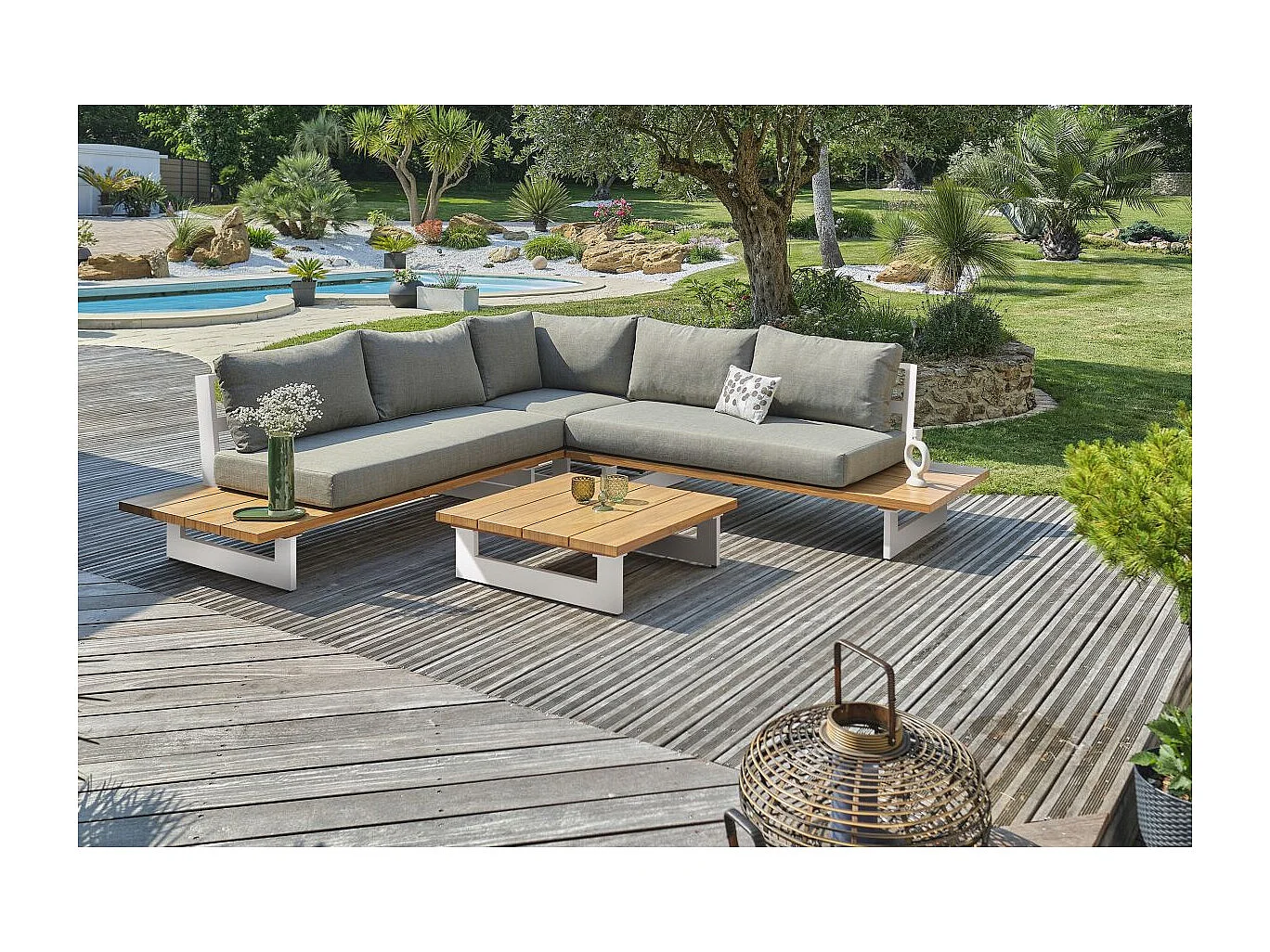 Tuinsalon 5 personen in aluminium met blad in houtimitatie - LAVEZZI