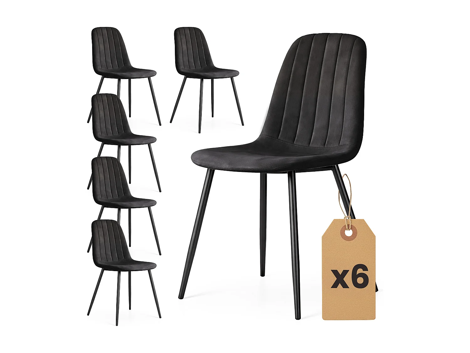 Lot de 6 Chaises en velours matelassées LUMO Noires pieds noirs