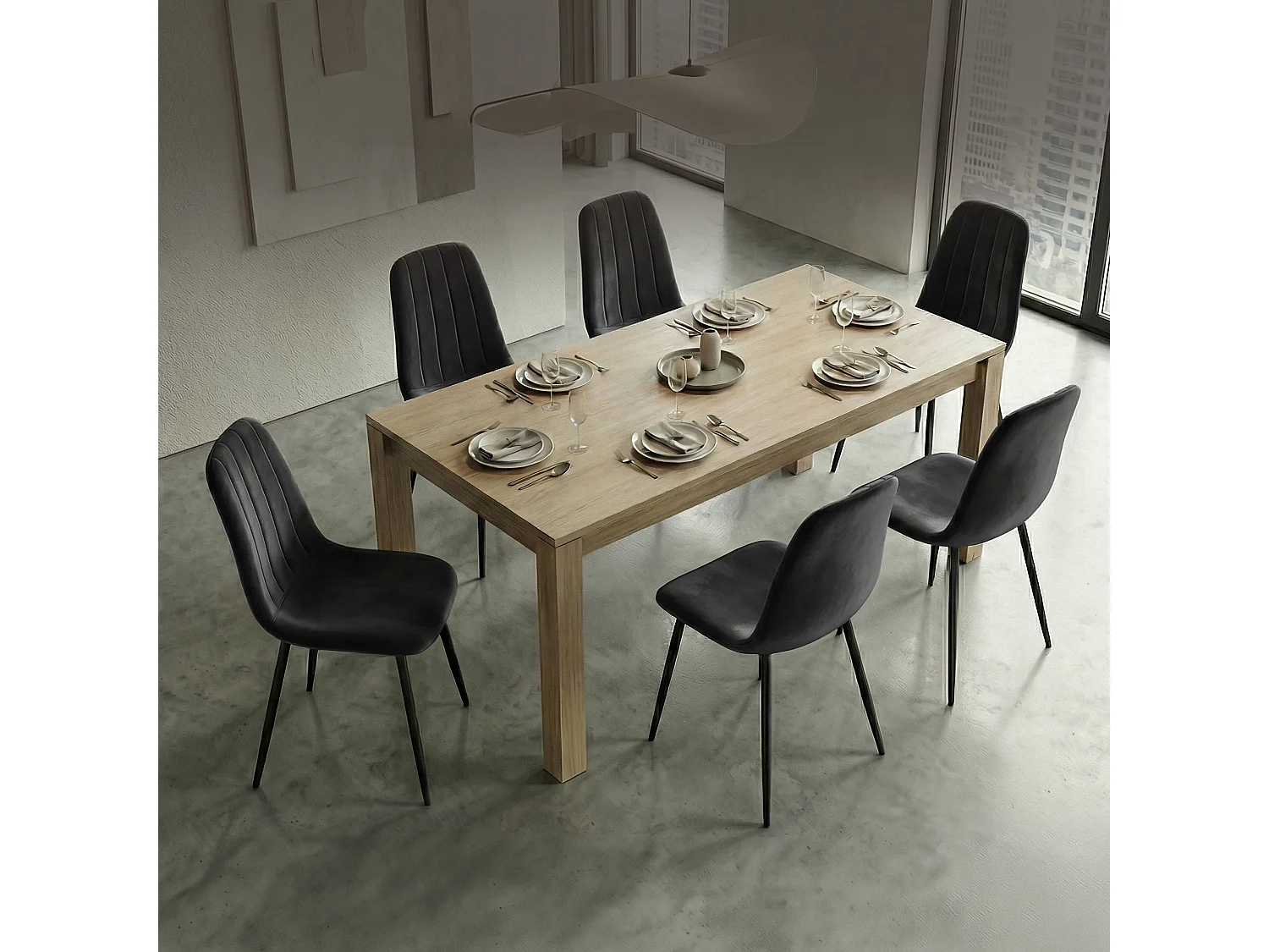 Lot de 6 Chaises en velours matelassées LUMO Noires pieds noirs