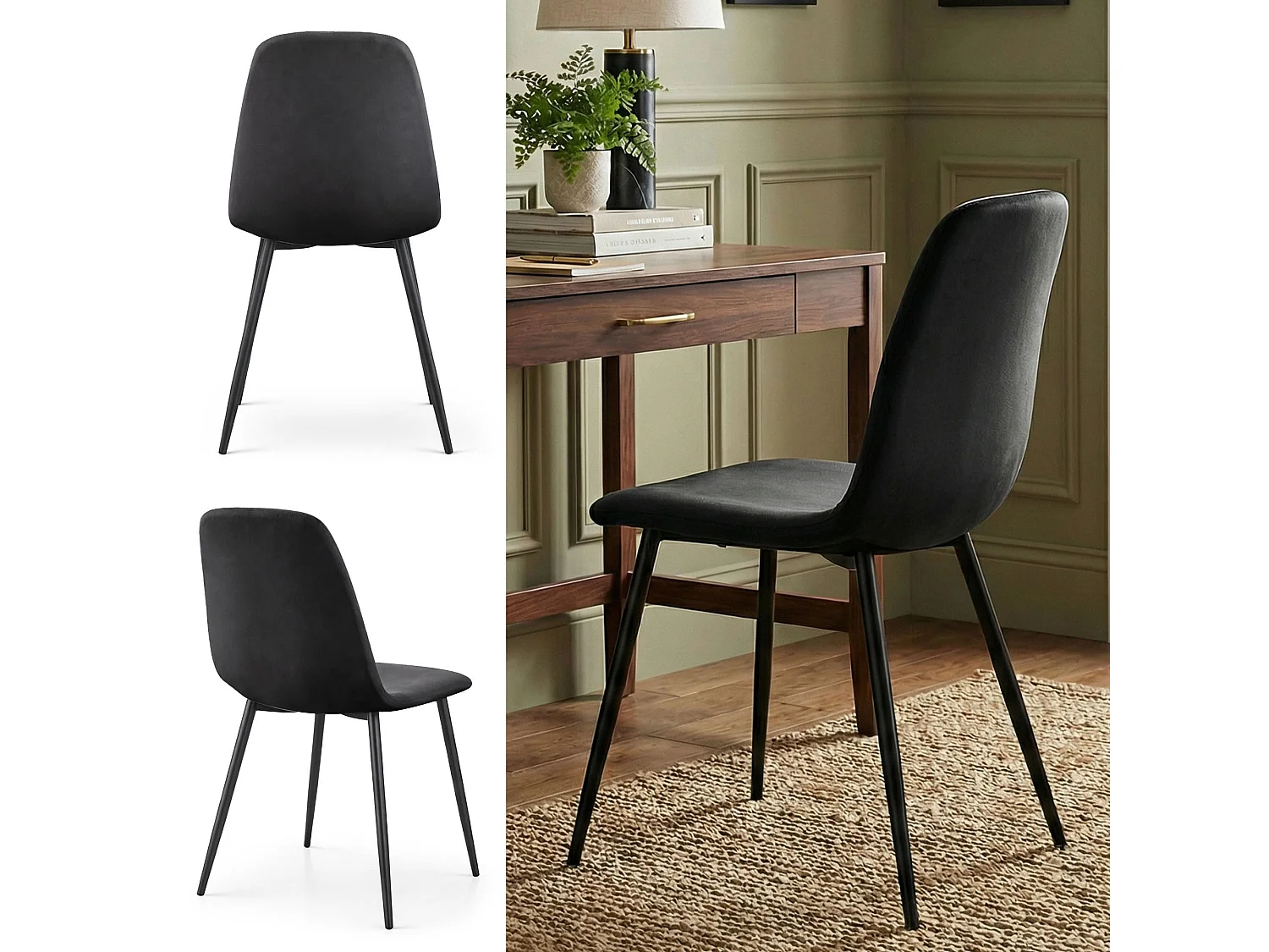 Lot de 6 Chaises en velours matelassées LUMO Noires pieds noirs