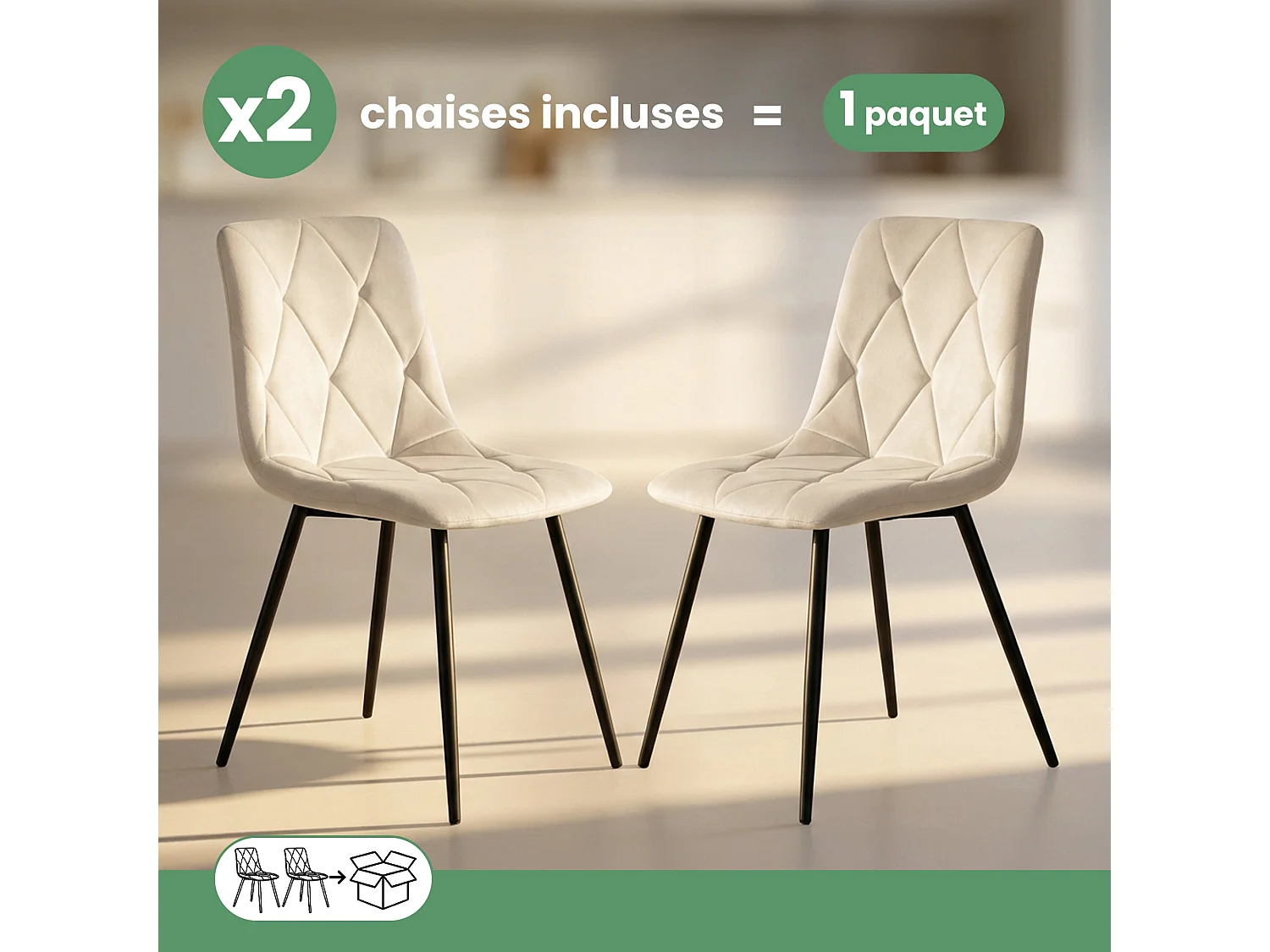 2x Welurowe krzesło tapicerowane pikowane Beżowe MILO Czarne nogi