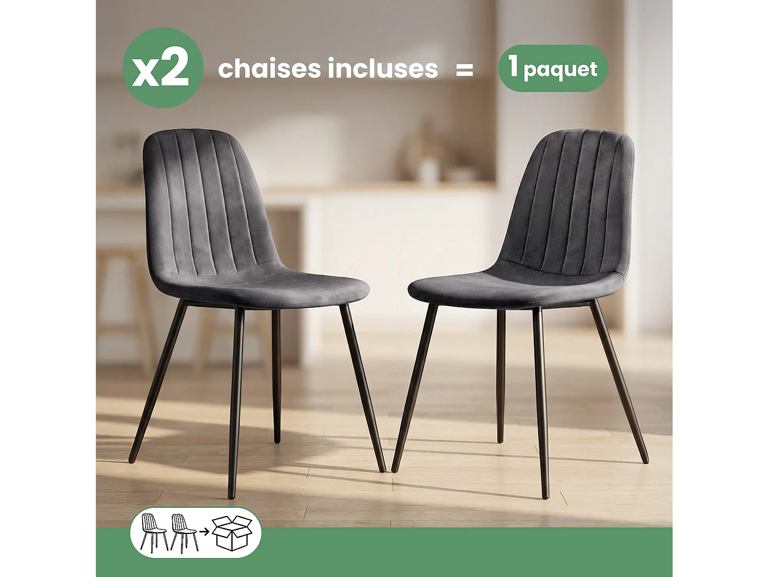 Lot de 2 Chaises en velours matelassées LUMO Graphite Foncé pieds noirs