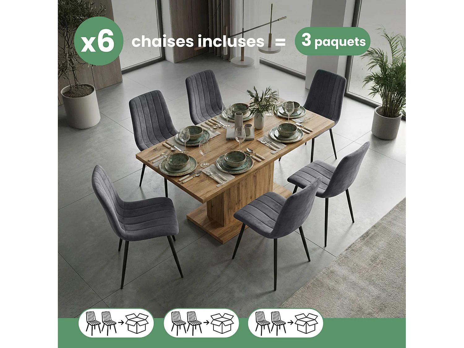 6er Set Samt-Polsterstühle, gesteppt LIVO Dunkelgrau mit schwarzen Beinen