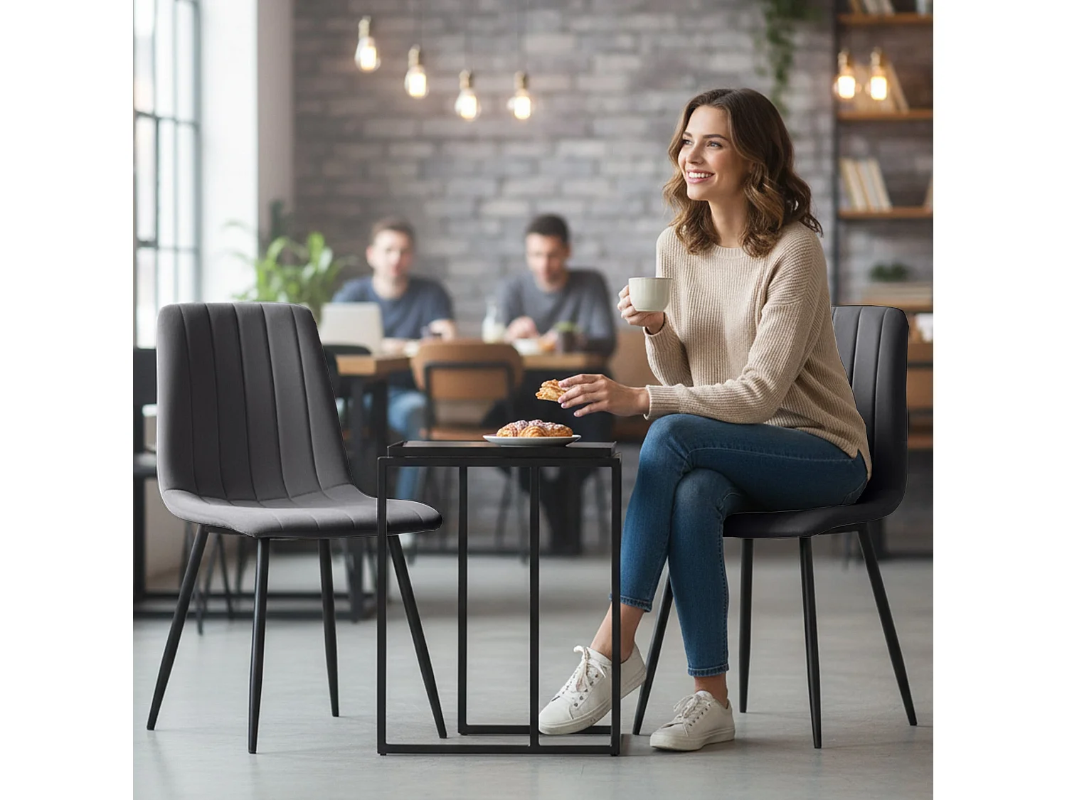 6er Set Samt-Polsterstühle, gesteppt LIVO Dunkelgrau mit schwarzen Beinen