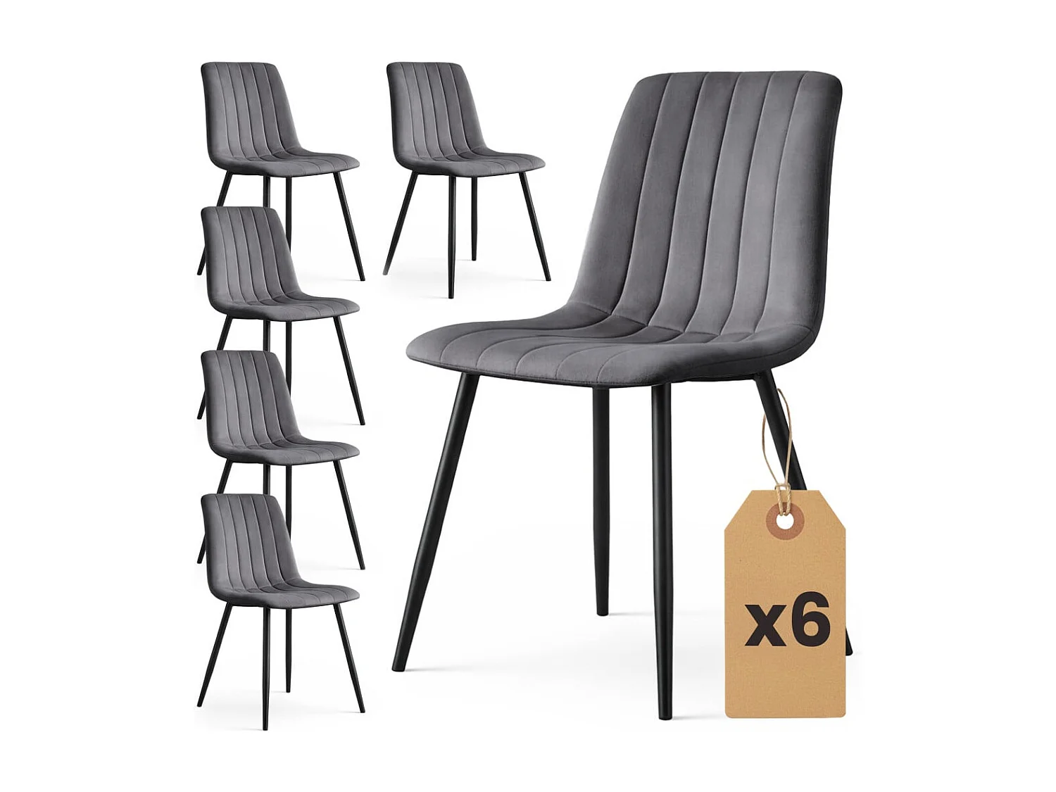 Set van 6 Eetkamerstoelen LIVO / Gestoffeerde Stoelen / Fluwelen Stoelen en Metalen Poten / Antraciet met zwarte benen