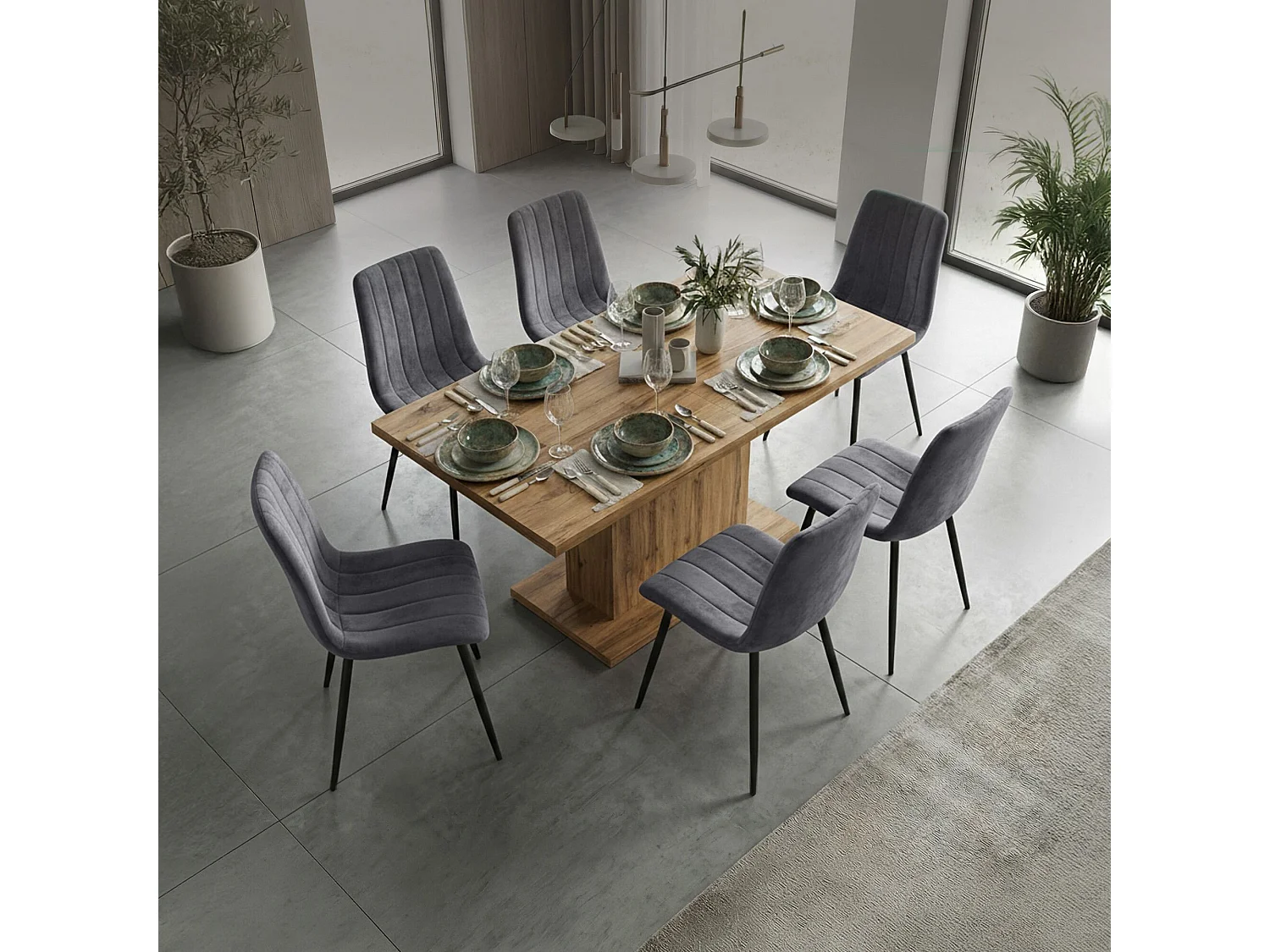 Set van 6 Eetkamerstoelen LIVO / Gestoffeerde Stoelen / Fluwelen Stoelen en Metalen Poten / Antraciet met zwarte benen
