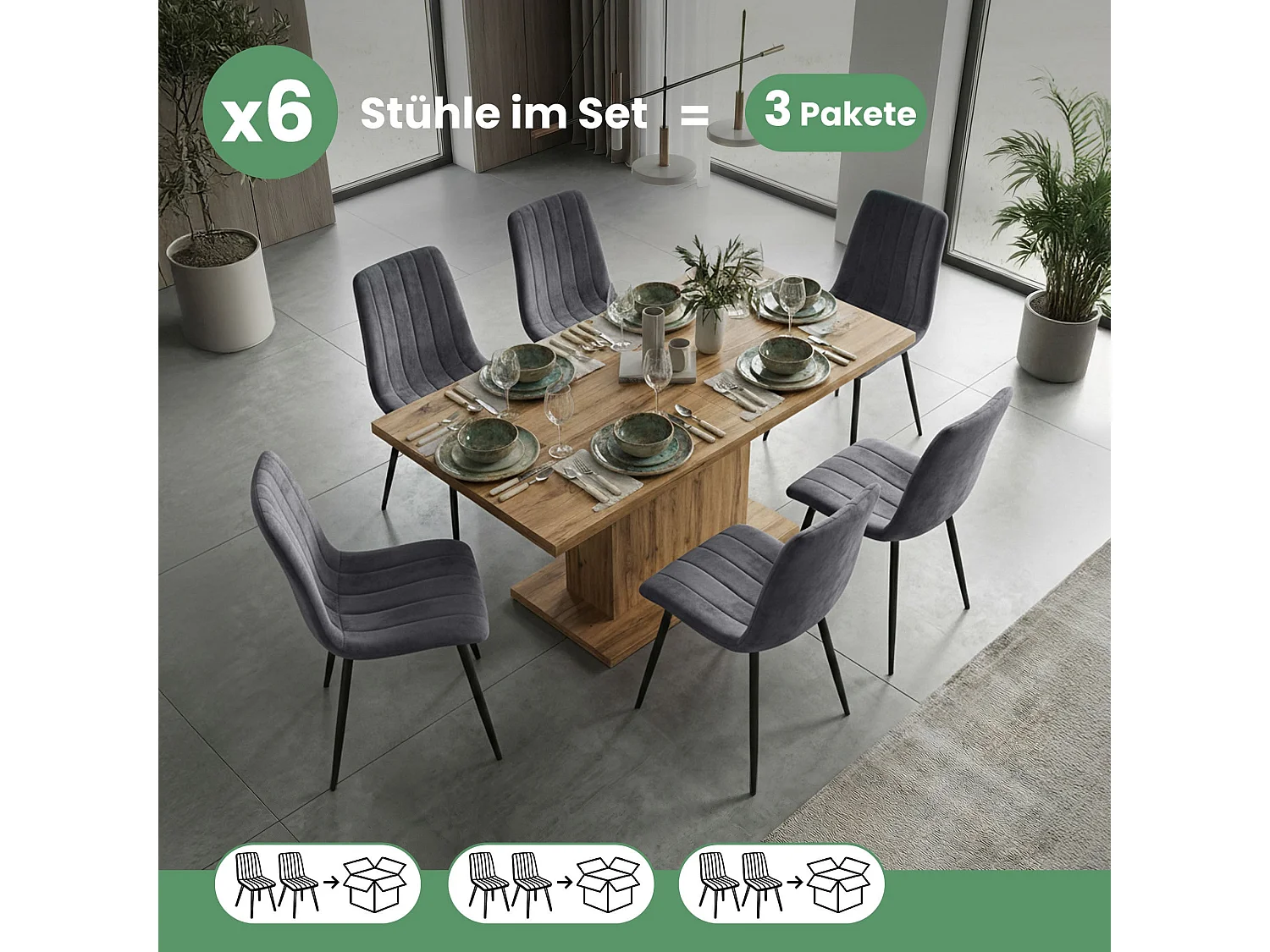 Set van 6 Eetkamerstoelen LIVO / Gestoffeerde Stoelen / Fluwelen Stoelen en Metalen Poten / Antraciet met zwarte benen
