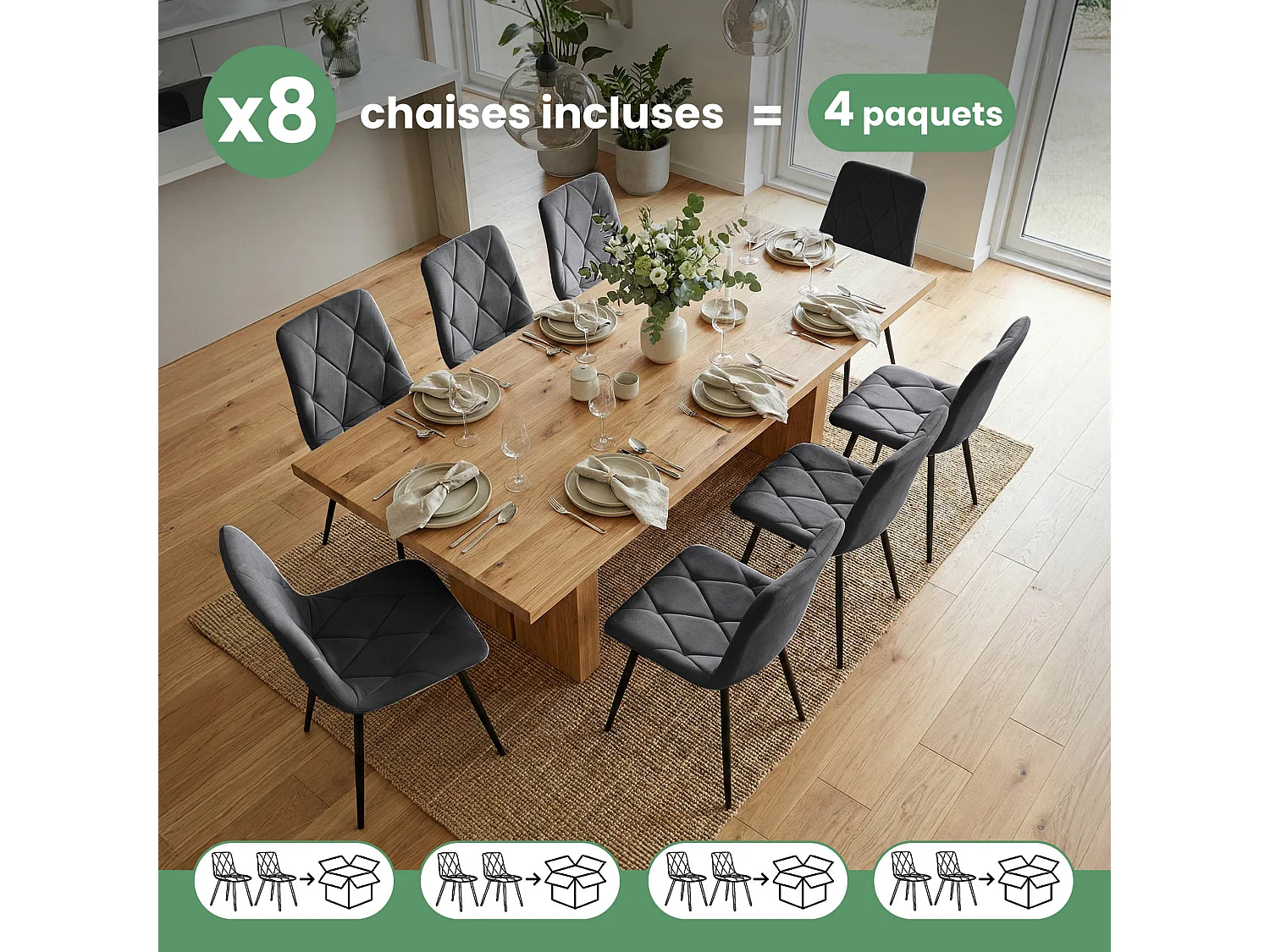 Conjunto de 8 Cadeiras estofadas MILO Cinza Escuro com pernas pretas