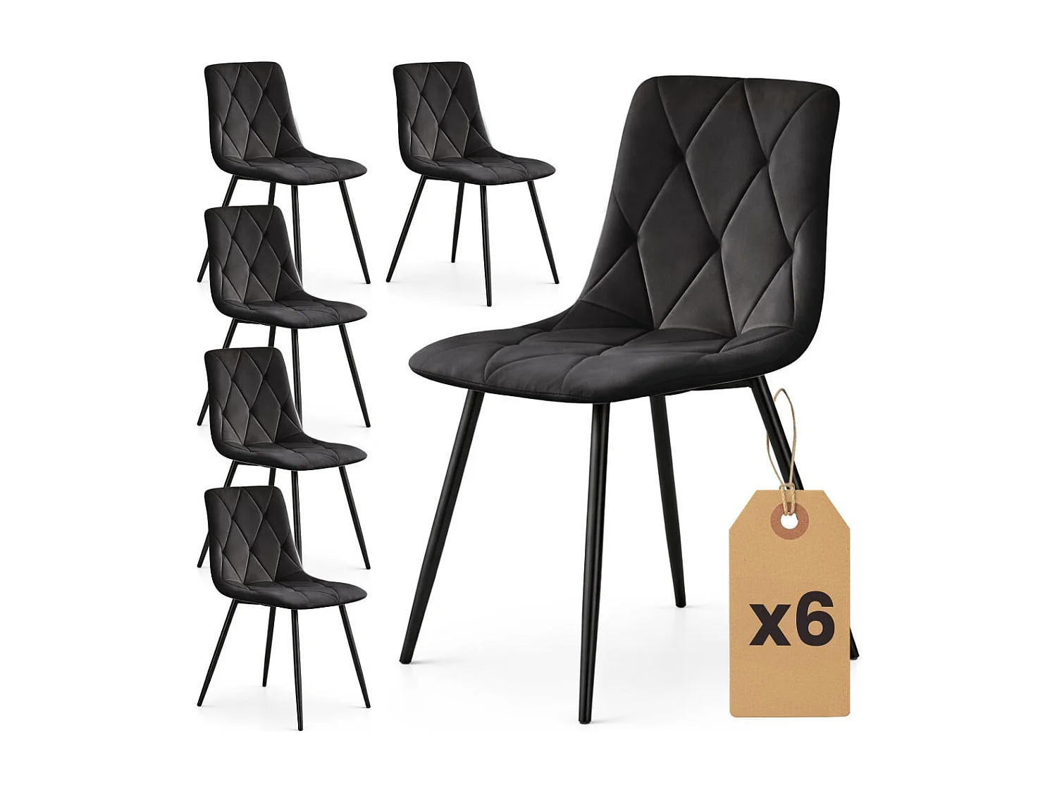 6x Welurowe krzesło tapicerowane pikowane Czarne MILO Czarne nogi