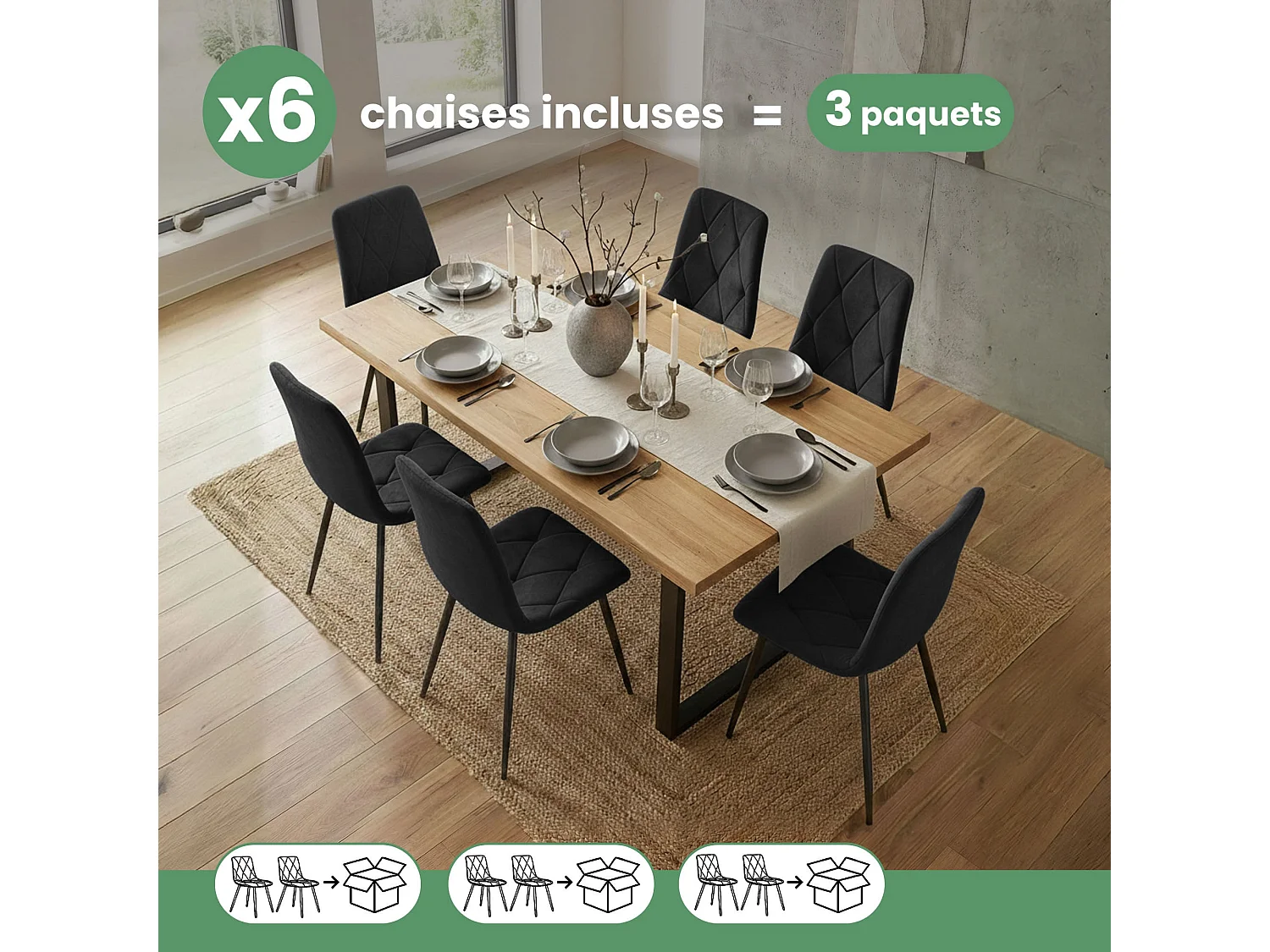 6x Welurowe krzesło tapicerowane pikowane Czarne MILO Czarne nogi