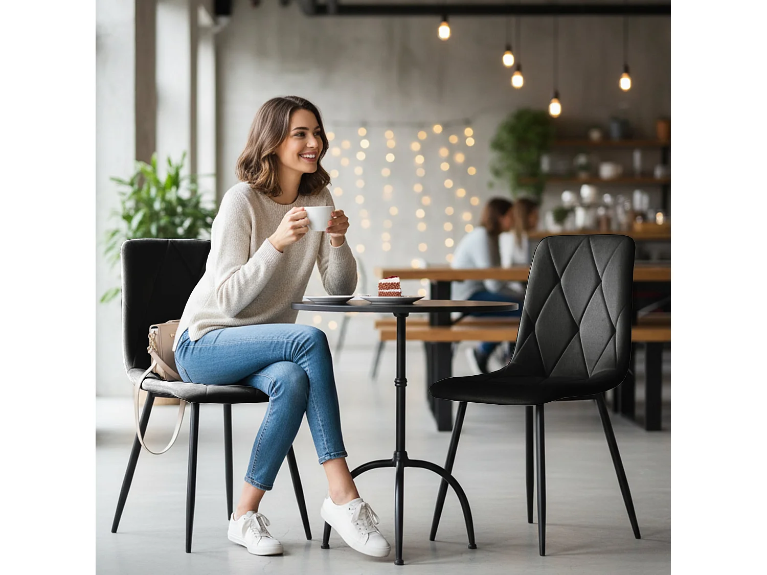 6x Welurowe krzesło tapicerowane pikowane Czarne MILO Czarne nogi