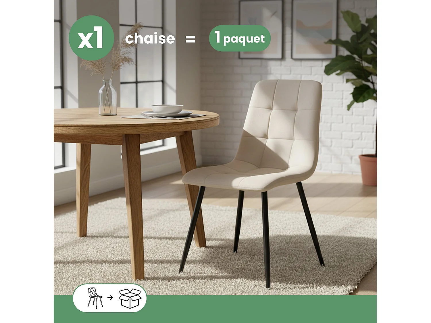 Chaise en velours matelassée NERO Beige pieds noirs