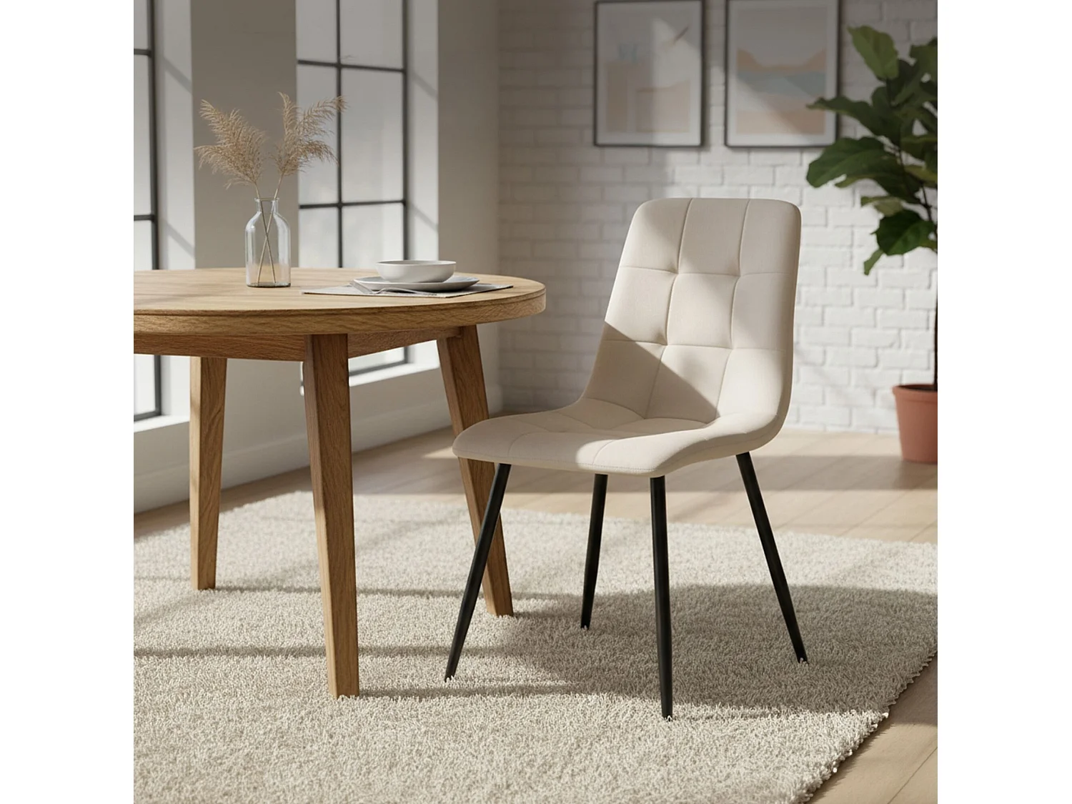 Cadeira de veludo acolchoada NERO Bege pernas pretas