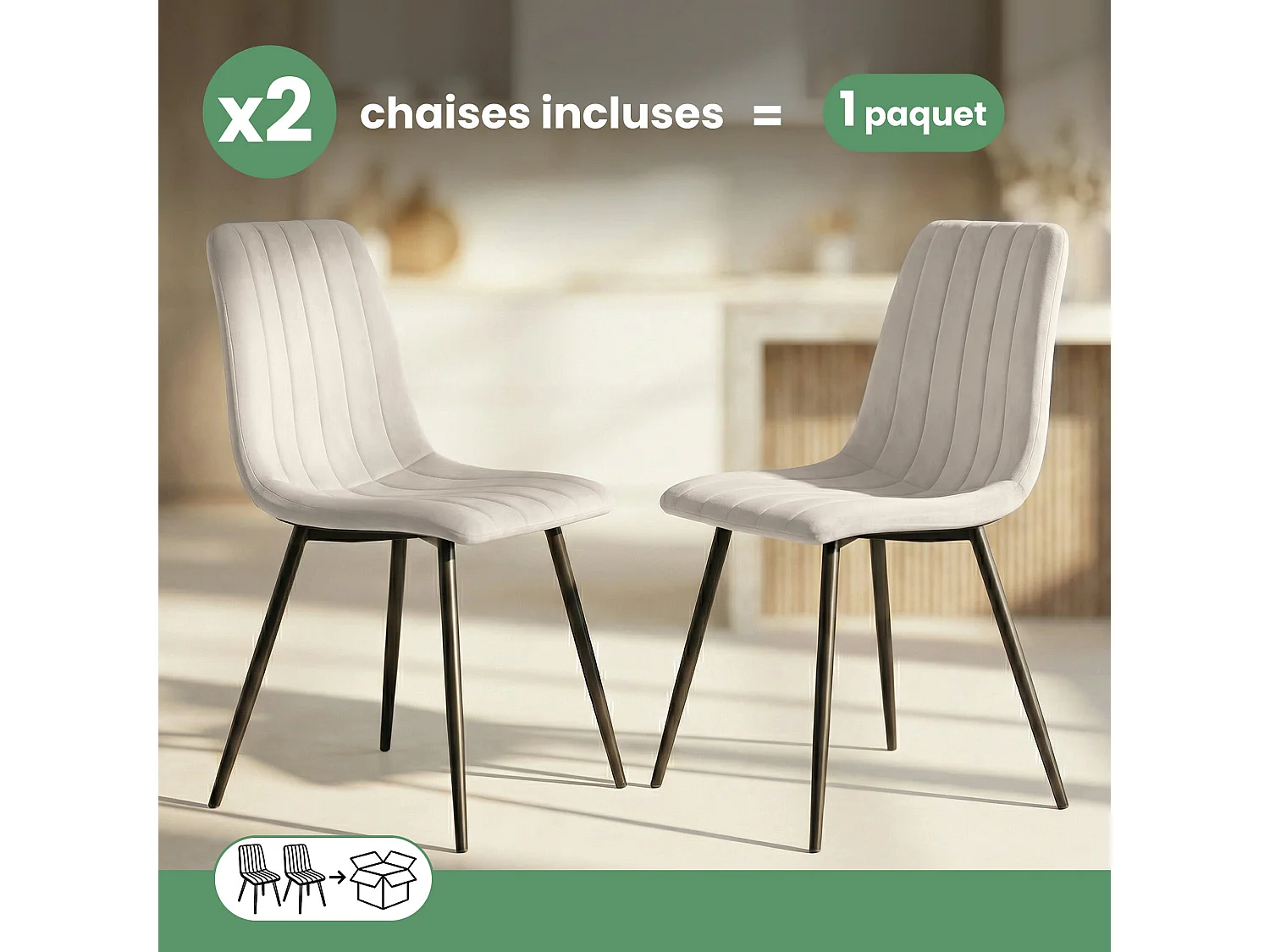 Lot de 2 Chaises en velours matelassées LIVO Beige pieds noirs