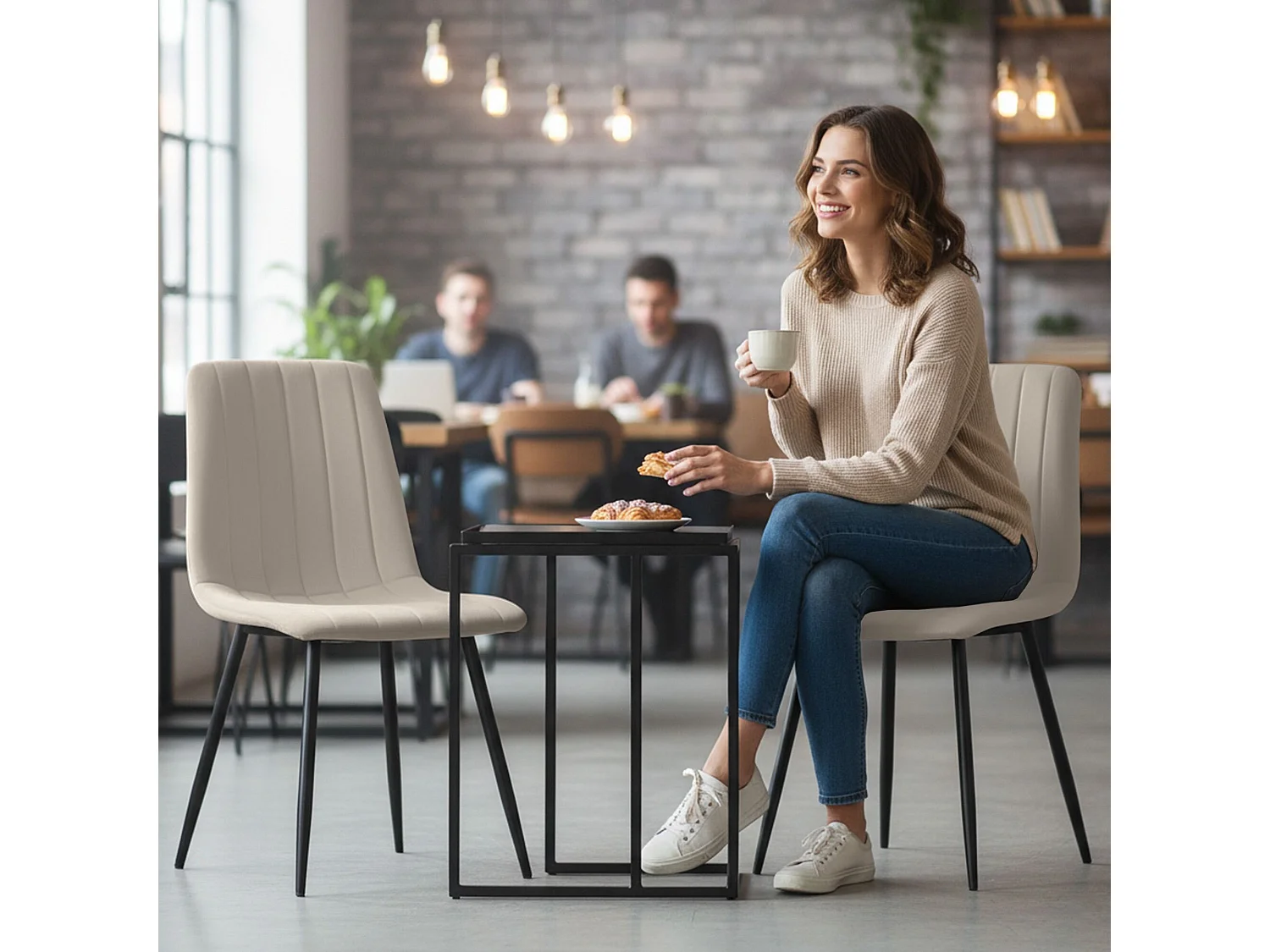 2x Welurowe krzesło tapicerowane pikowane Beżowe LIVO Czarne nogi