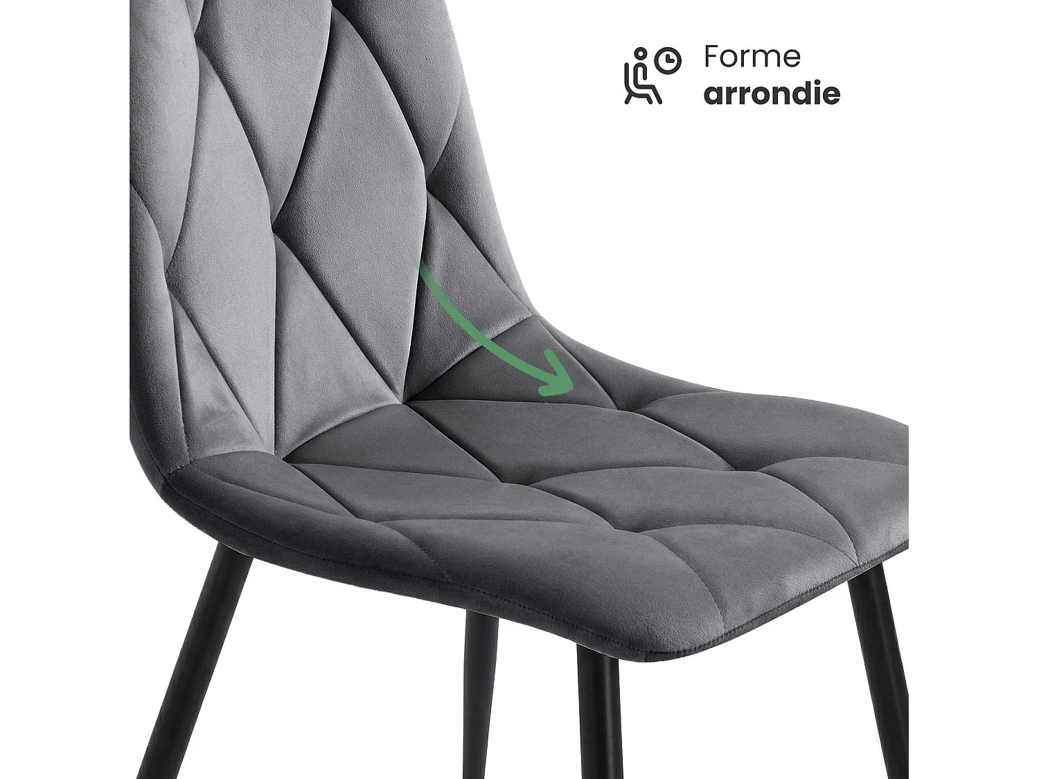 Chaise en velours matelassée MILO Graphite Foncé pieds noirs