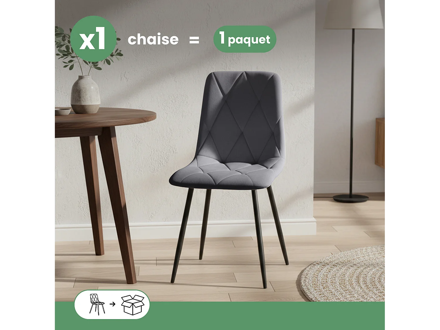 Chaise en velours matelassée MILO Graphite Foncé pieds noirs