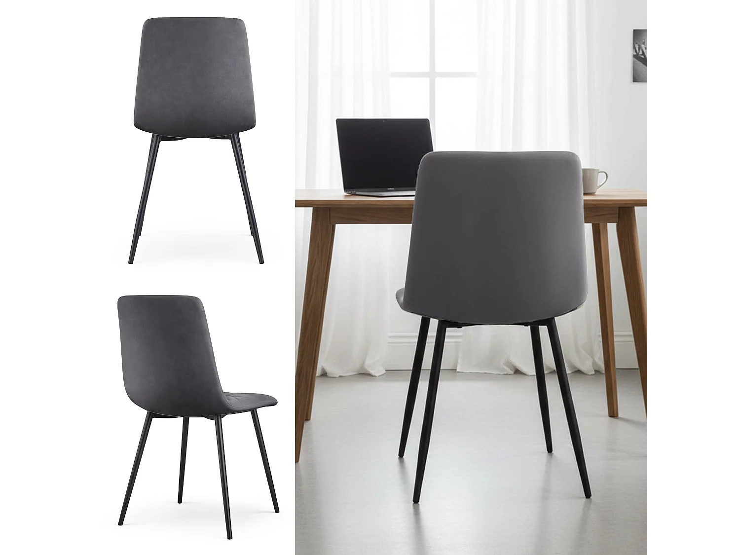 Chaise en velours matelassée MILO Graphite Foncé pieds noirs