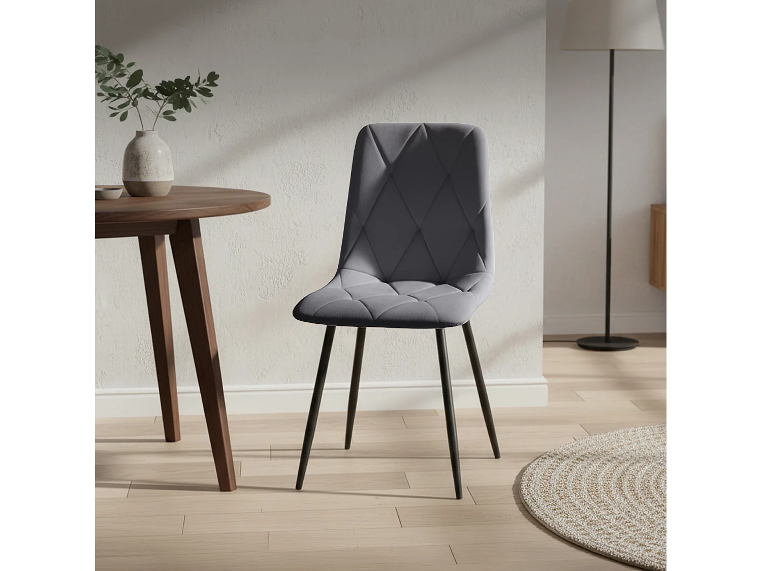 Welurowe krzesło tapicerowane pikowane Ciemny Grafit MILO Czarne nogi