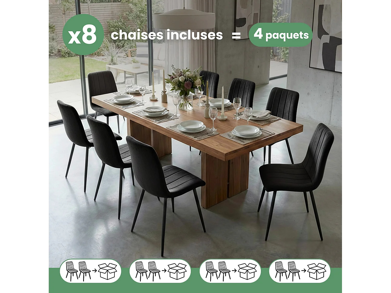 8x Welurowe krzesło tapicerowane pikowane Czarne LIVO Czarne nogi