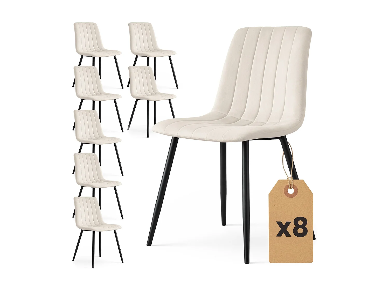 Lot de 8 Chaises en velours matelassées LIVO Beige pieds noirs