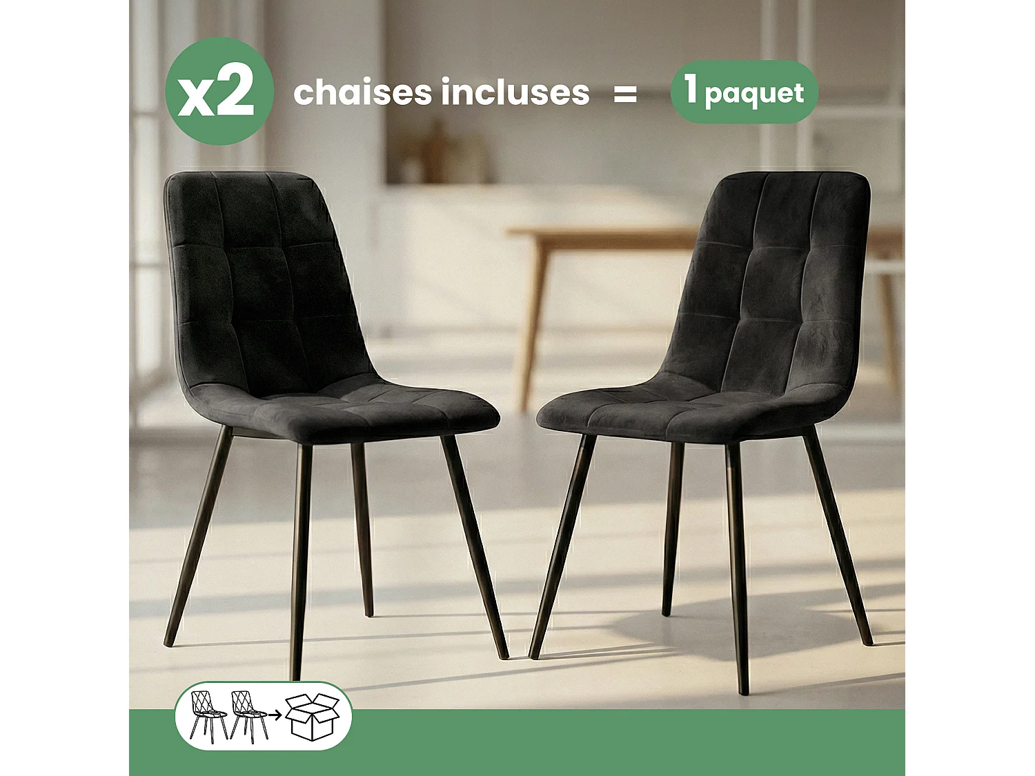 2x Welurowe krzesło tapicerowane pikowane Czarne NERO Czarne nogi