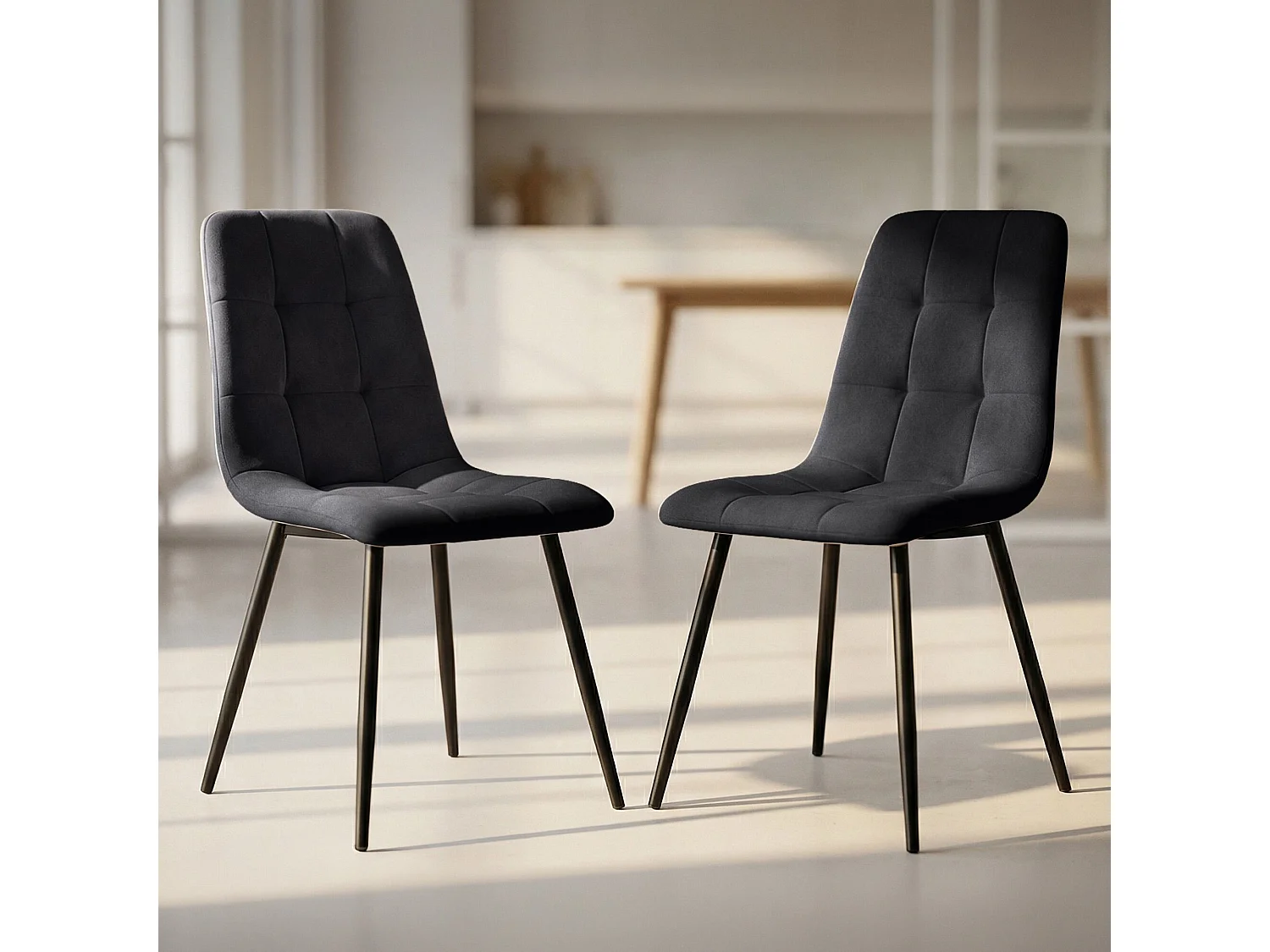 Set van 2 Eetkamerstoelen NERO / Gestoffeerde Stoelen / Fluwelen Stoelen en Metalen Poten / Zwart met zwarte benen