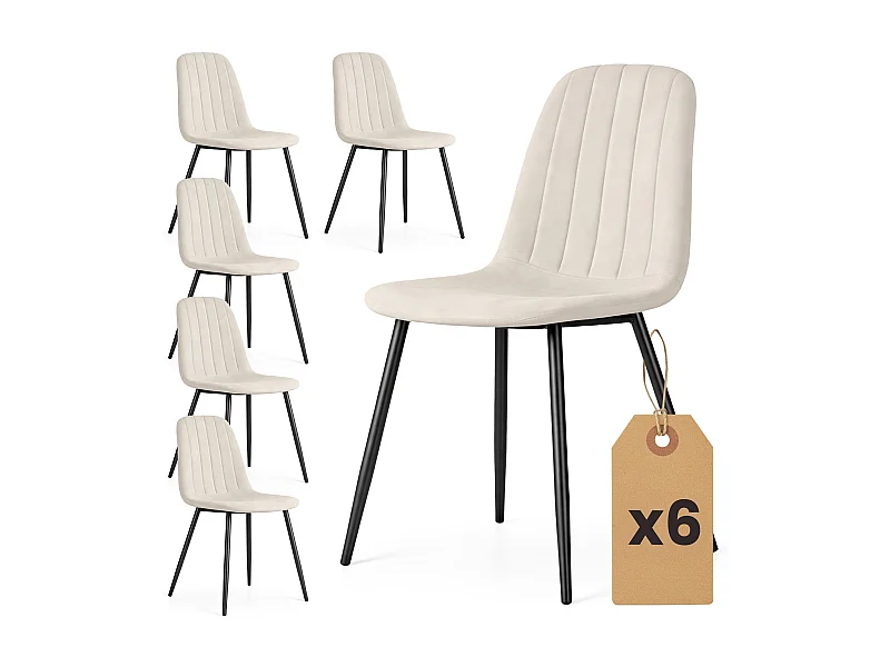 6er Set Samt-Polsterstühle, gesteppt LUMO Beige mit schwarzen Beinen