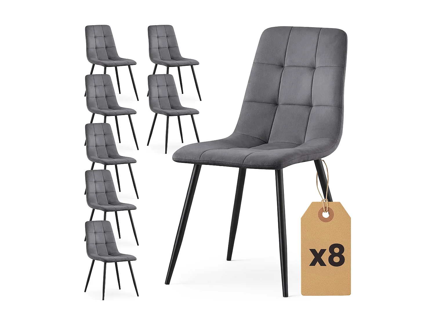 8er Set Samt-Polsterstühle, gesteppt NERO Dunkelgrau mit schwarzen Beinen
