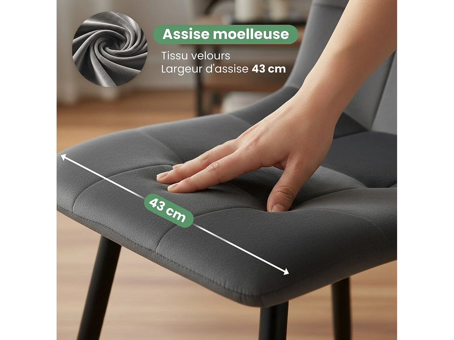 8er Set Samt-Polsterstühle, gesteppt NERO Dunkelgrau mit schwarzen Beinen