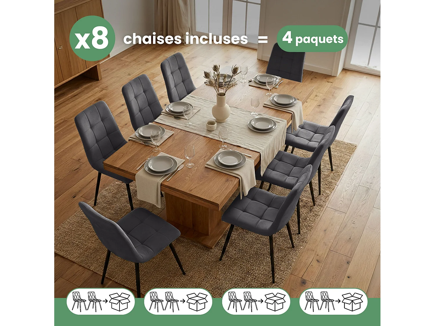 8er Set Samt-Polsterstühle, gesteppt NERO Dunkelgrau mit schwarzen Beinen