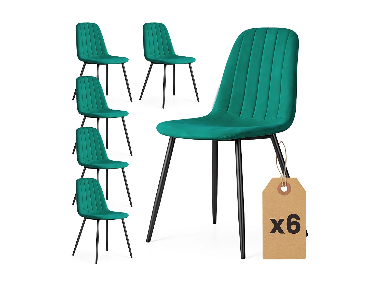 Set van 6 Eetkamerstoelen LUMO / Gestoffeerde Stoelen / Fluwelen Stoelen en Metalen Poten / Flesgroen met zwarte benen