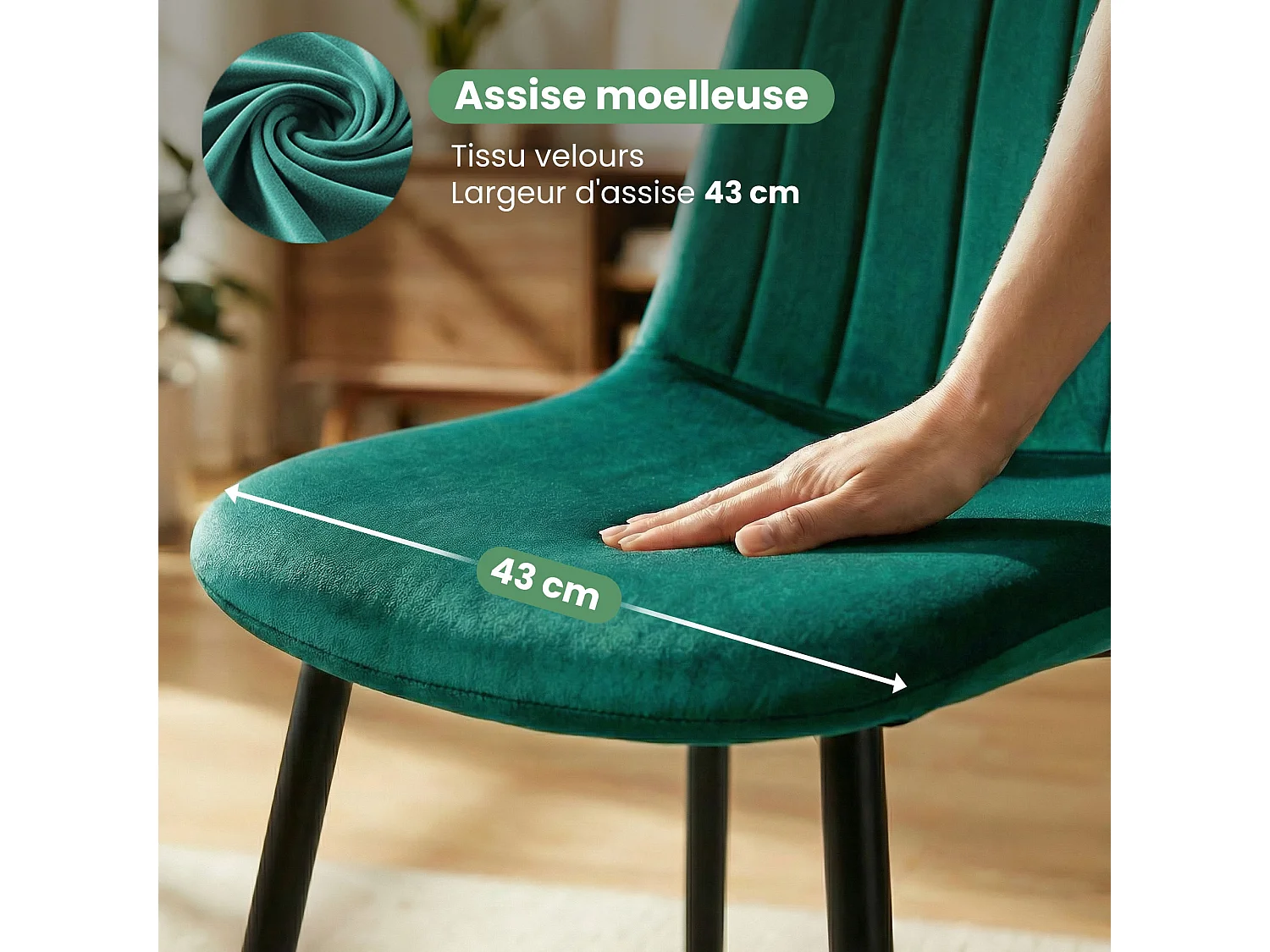 Set van 6 Eetkamerstoelen LUMO / Gestoffeerde Stoelen / Fluwelen Stoelen en Metalen Poten / Flesgroen met zwarte benen