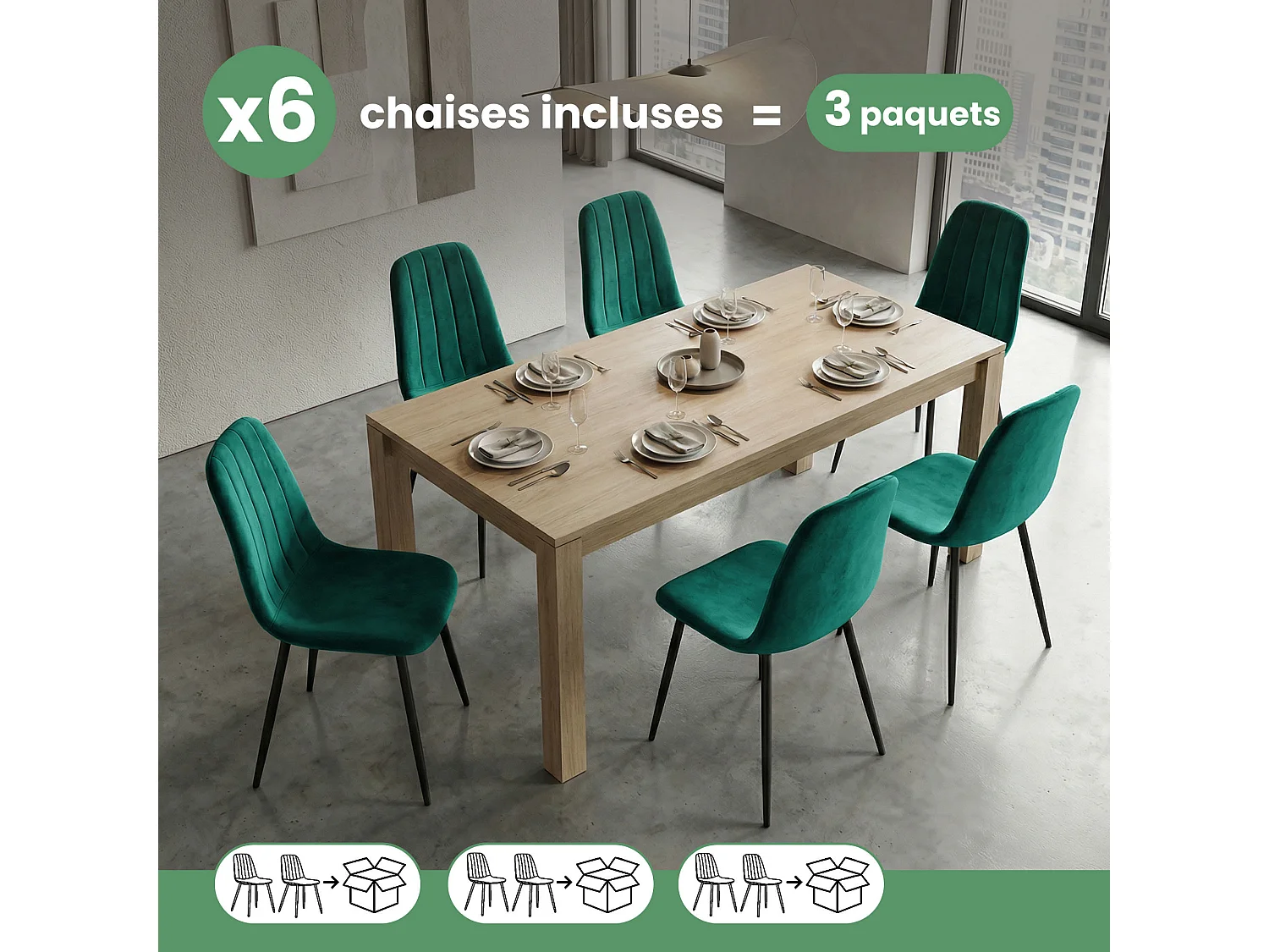 Set van 6 Eetkamerstoelen LUMO / Gestoffeerde Stoelen / Fluwelen Stoelen en Metalen Poten / Flesgroen met zwarte benen