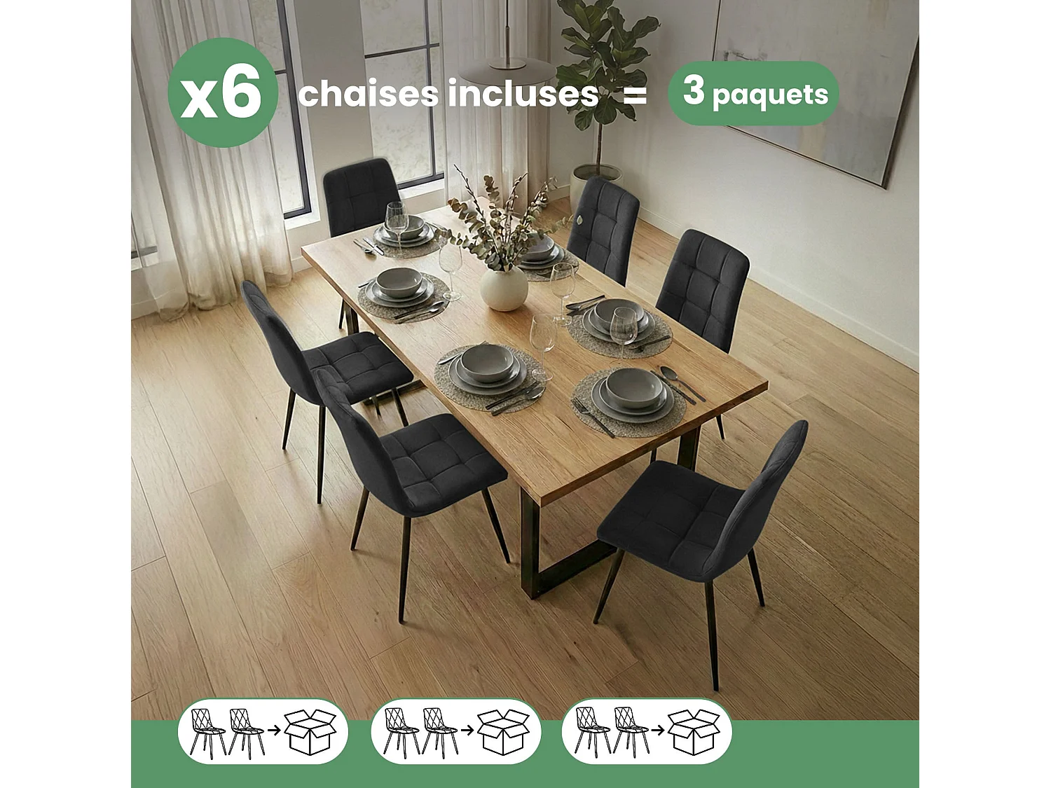 6x Welurowe krzesło tapicerowane pikowane Czarne NERO Czarne nogi