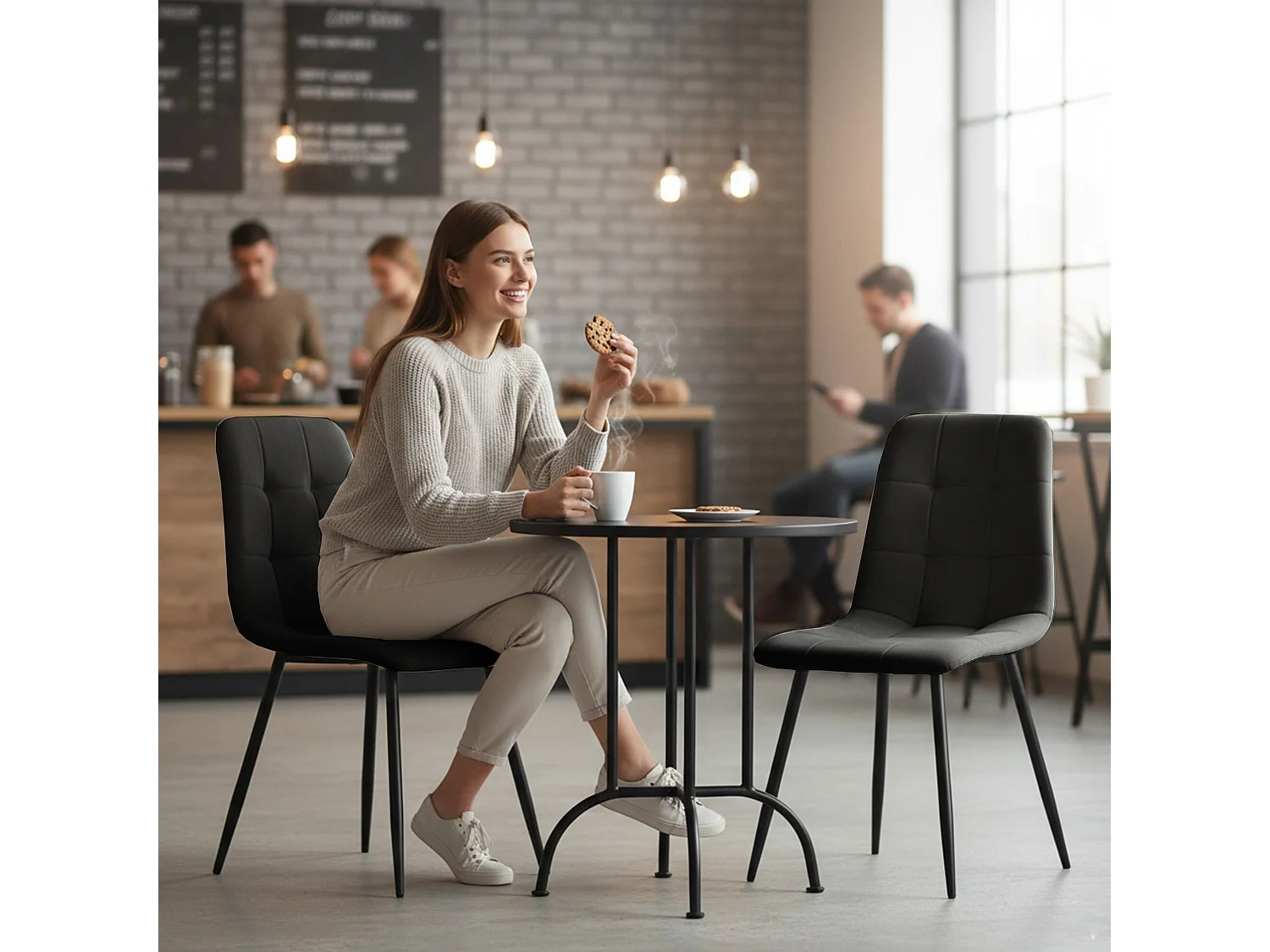 6x Welurowe krzesło tapicerowane pikowane Czarne NERO Czarne nogi