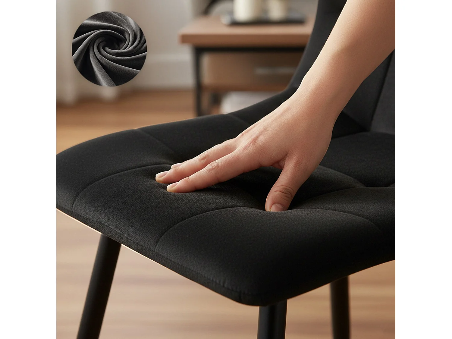 6x Welurowe krzesło tapicerowane pikowane Czarne NERO Czarne nogi