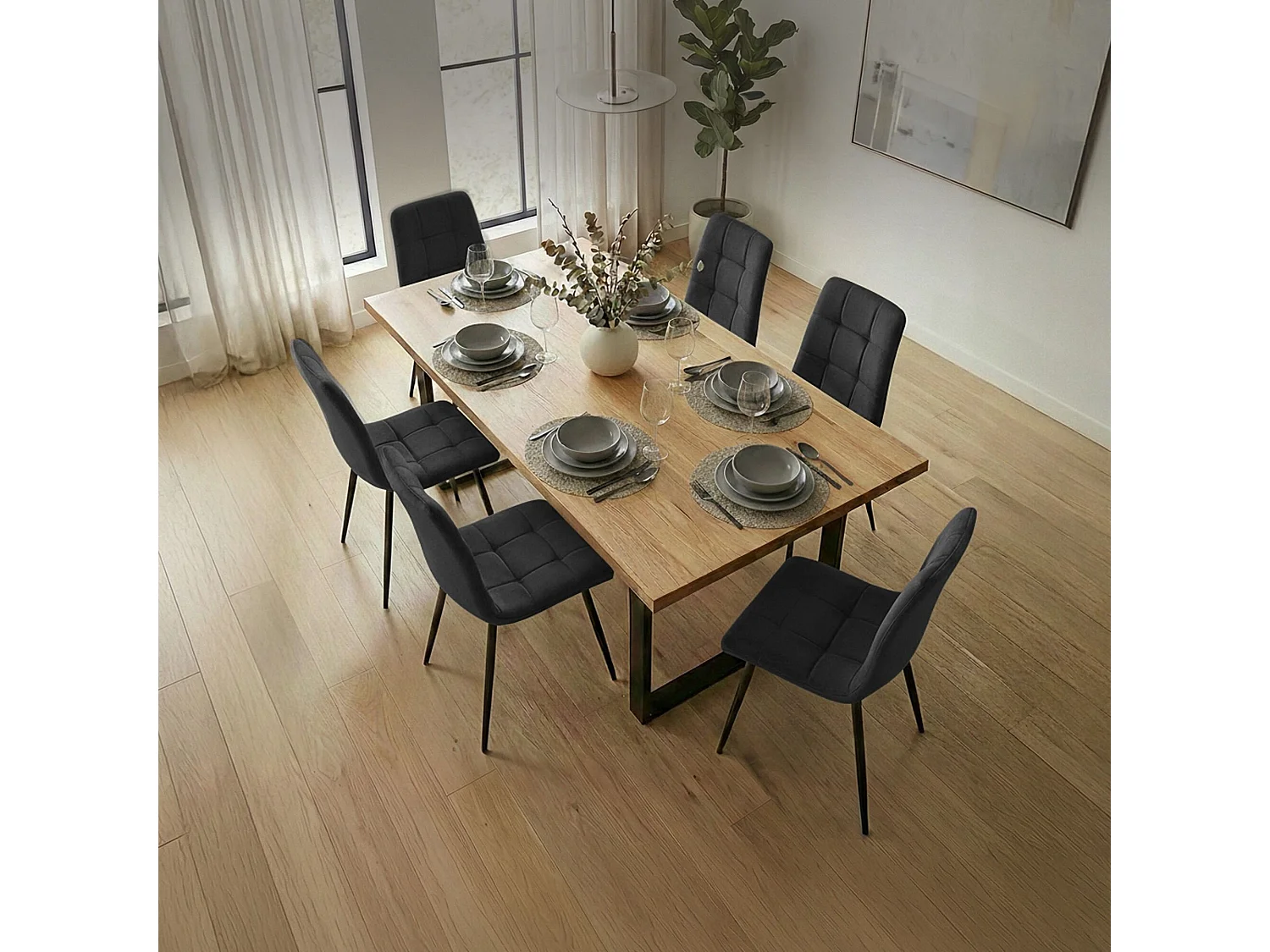 6x Welurowe krzesło tapicerowane pikowane Czarne NERO Czarne nogi