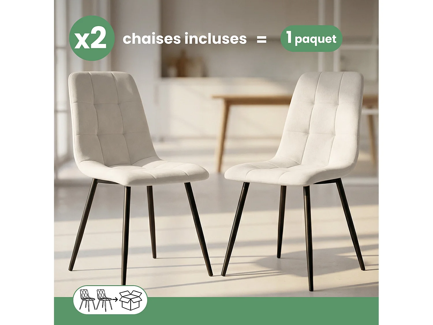 2x Welurowe krzesło tapicerowane pikowane Beżowe NERO Czarne nogi