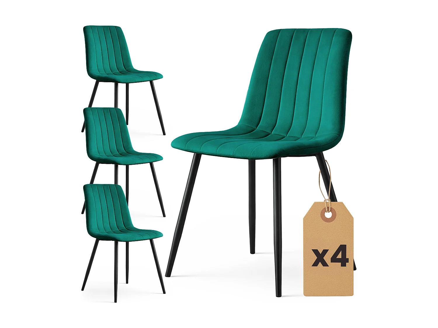4er Set Samt-Polsterstühle, gesteppt LIVO Flaschengrün mit schwarzen Beinen