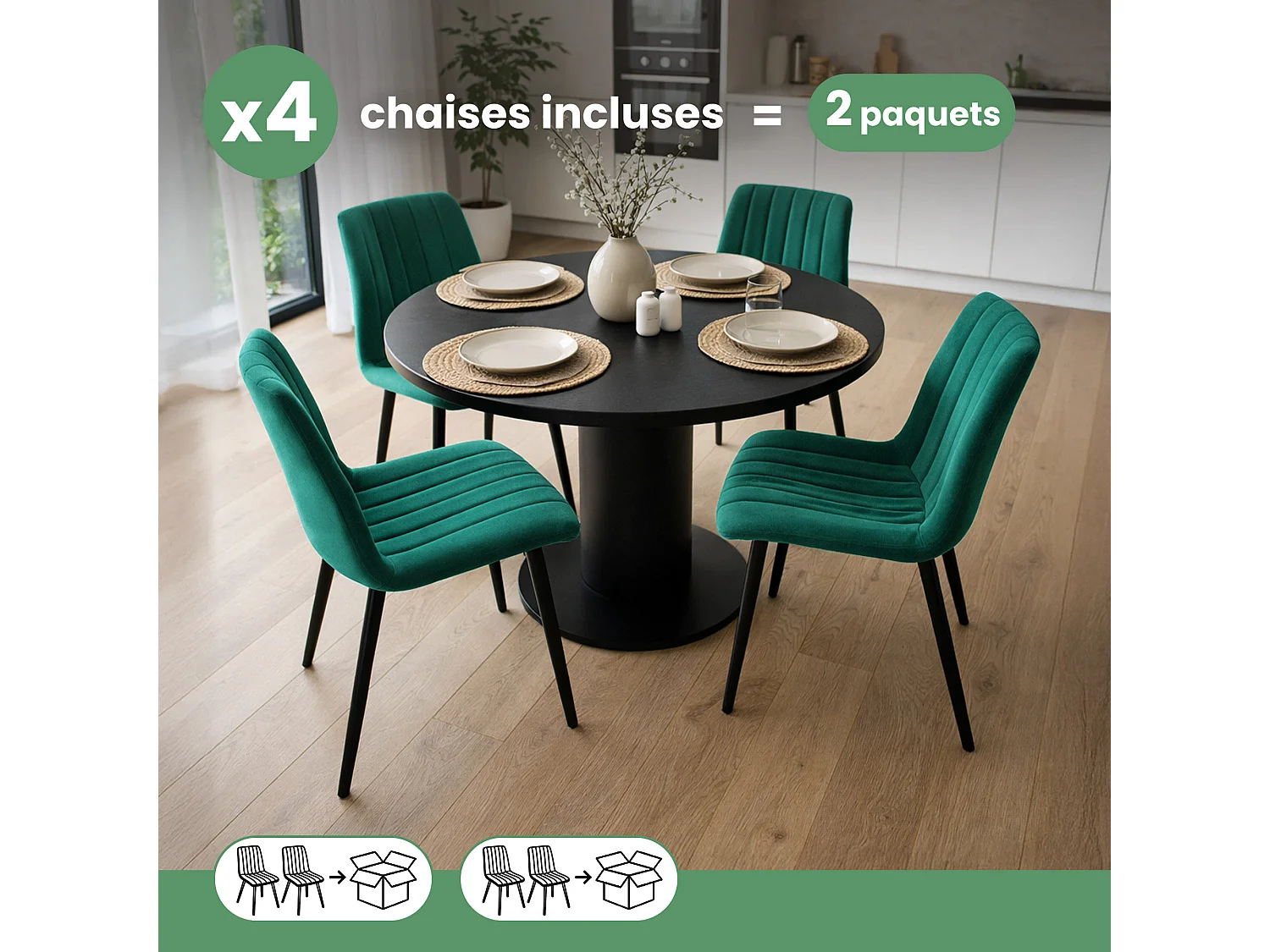 4er Set Samt-Polsterstühle, gesteppt LIVO Flaschengrün mit schwarzen Beinen