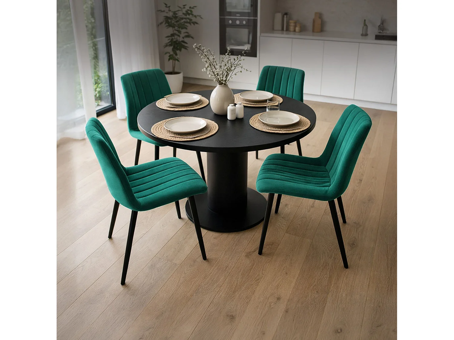 Lot de 4 Chaises en velours matelassées LIVO Vert Bouteille pieds noirs