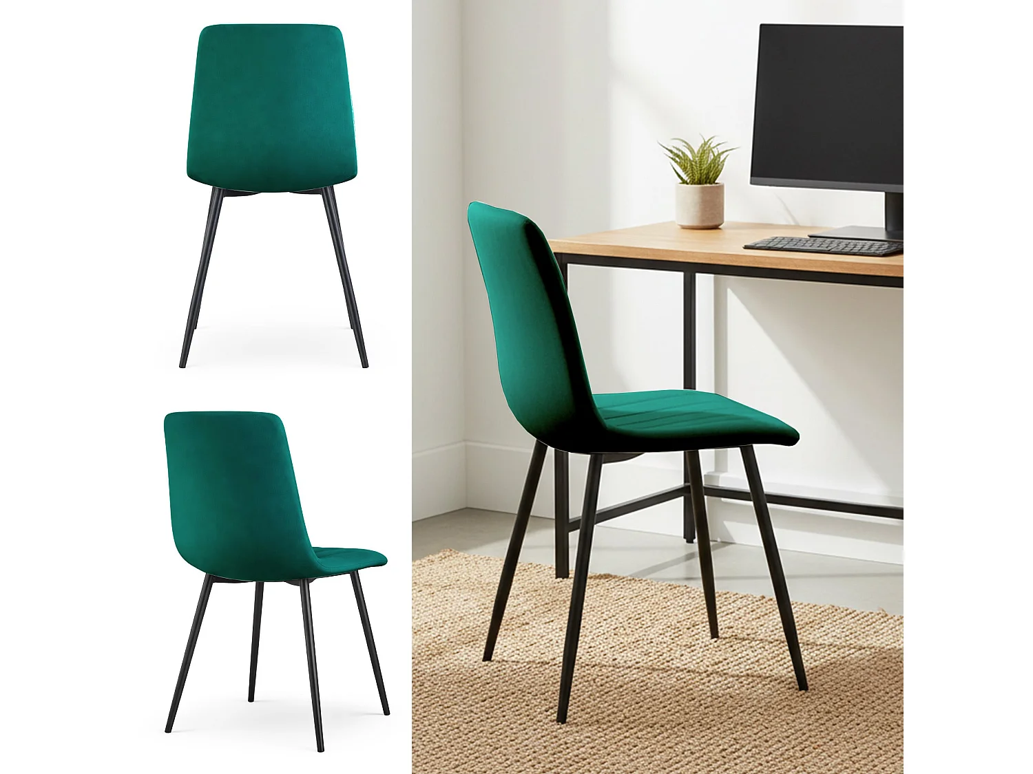 Lot de 4 Chaises en velours matelassées LIVO Vert Bouteille pieds noirs
