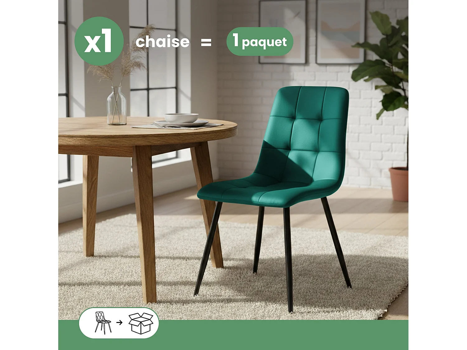 Chaise en velours matelassée NERO Vert Bouteille pieds noirs