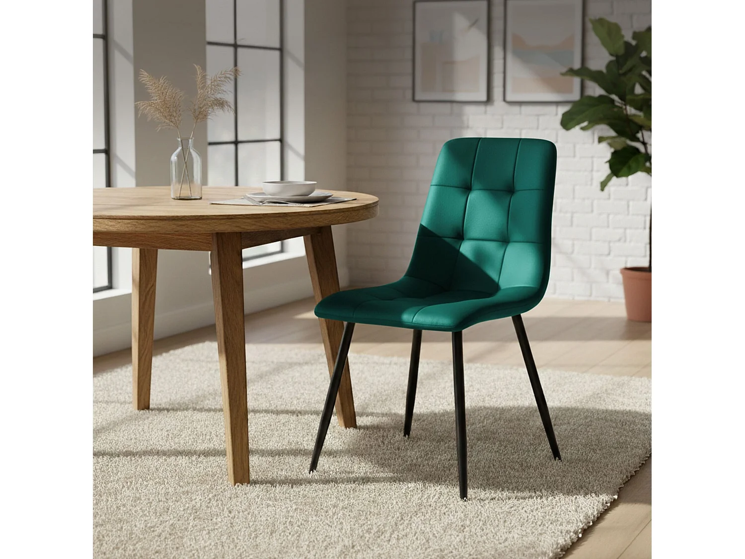 Cadeira de veludo acolchoada NERO Verde Garrafa pernas pretas