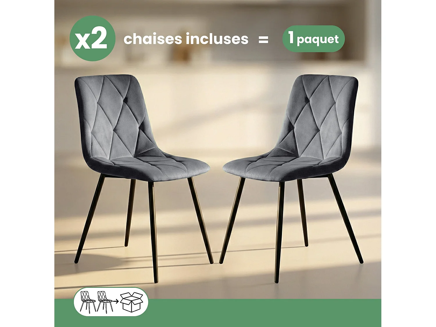 Set de 2 Sillas acolchadas MILO Grafito Oscuro patas negras