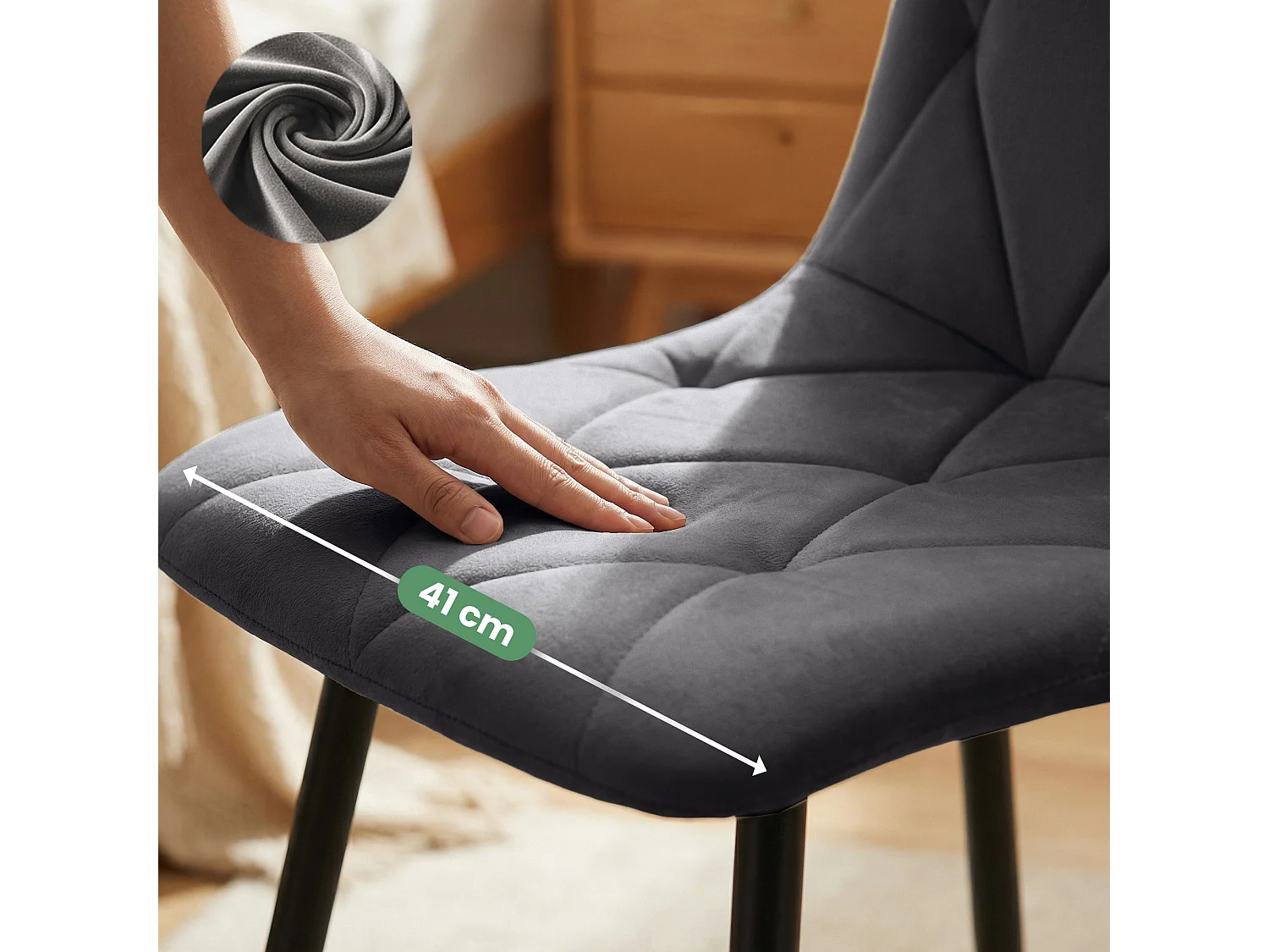 Set van 2 Eetkamerstoelen MILO / Gestoffeerde Stoelen / Fluwelen Stoelen en Metalen Poten / Antraciet met zwarte benen