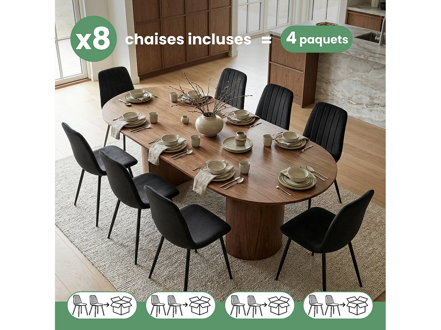 8x Welurowe krzesło tapicerowane pikowane Czarne LUMO Czarne nogi